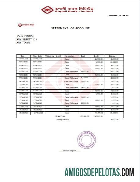 Modelo de extrato bancário falso da Índia Rupali Limited para download em Word e PDF